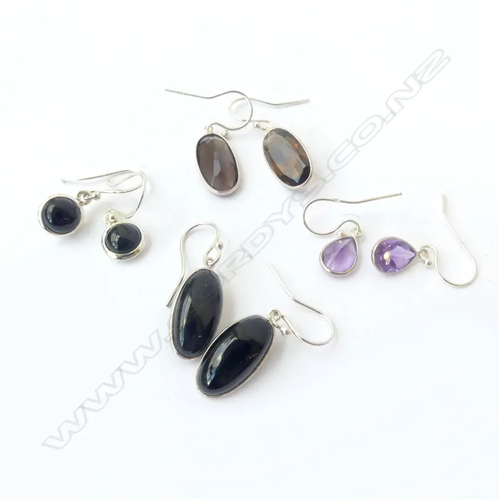 4 PRS SILVER SET EARRINGS; 3 GARNET & ONYX, NEW Image 1++