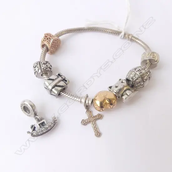 PANDORA BRACELET IN ORIGINAL PANDORA BOX (some charms are not pandora) 17.5cm