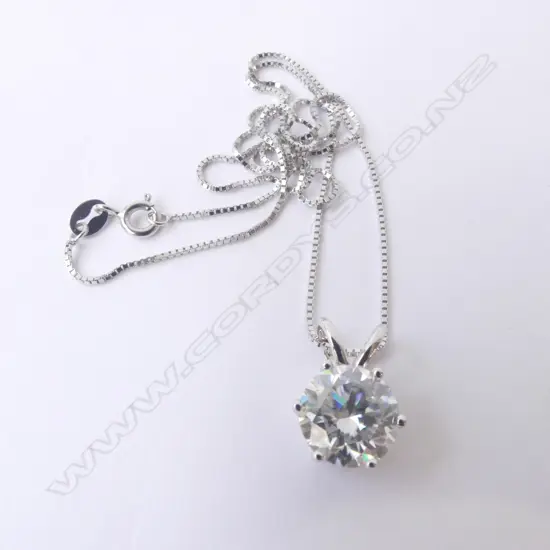 SILVER SET MOISSANITE PENDANT on SILVER CHAIN, 3ct (GRA cert)
