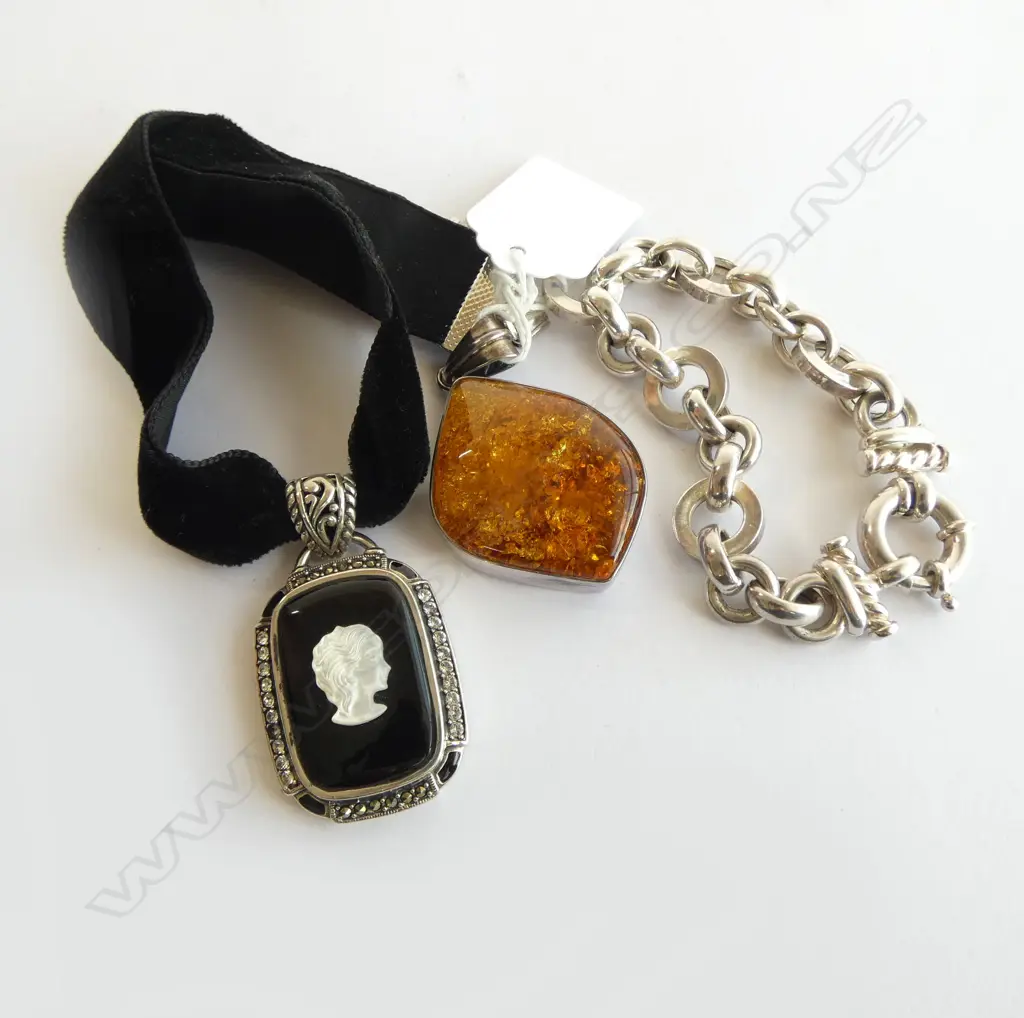 SILVER & MOP CAMEO PENDANT on black velvet choker + SILVER BRACELET  + SILVER & AMBER PENDANT Image 1++