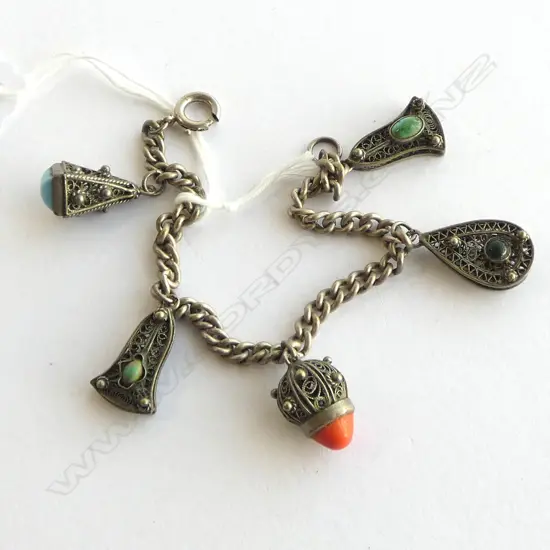 OLD FANCY COIN SILVER ? CHARM BRACELET with coral & turquoise gems