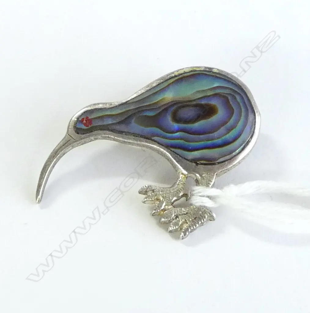 'NZ KIWI STG. SIL' PAUA INLAID BROOCH  Image 1++