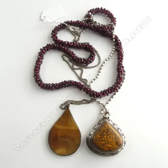 3 NECKLACES, 1 SILVER, 1 GARNET