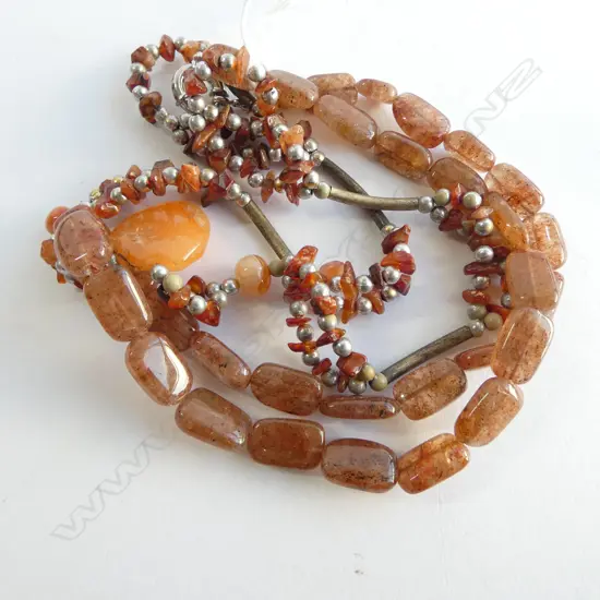 2 NECKLACES; TIBETAN CARNELIAN & RECTANGULAR CUT SUNSTONE, L.460mm