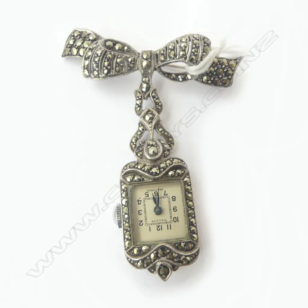 VINTAGE Swiss 'Mascot' SILVER & MARCASITE (1 missing) LADIES BROOCH WATCH running Image 1++