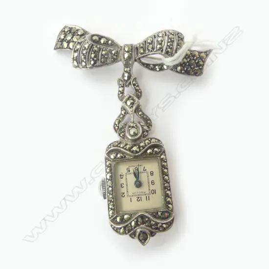 VINTAGE Swiss 'Mascot' SILVER & MARCASITE (1 missing) LADIES BROOCH WATCH running