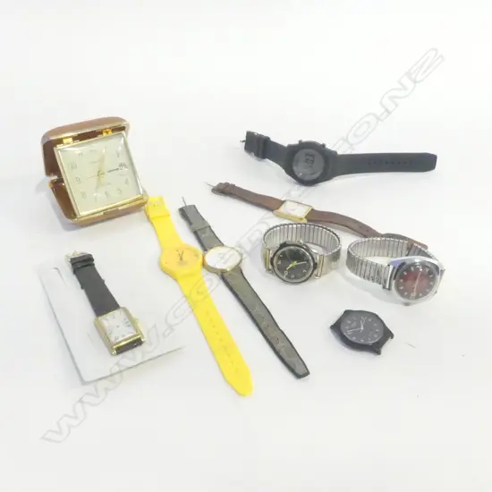 COLLECTION OF 7 WRISTWATCHES & TRAVLING ALARM CLOCK