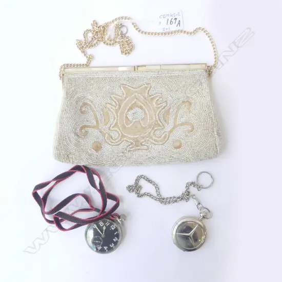 BEADED PURSE + STOP WATCH & POCKET WATCH