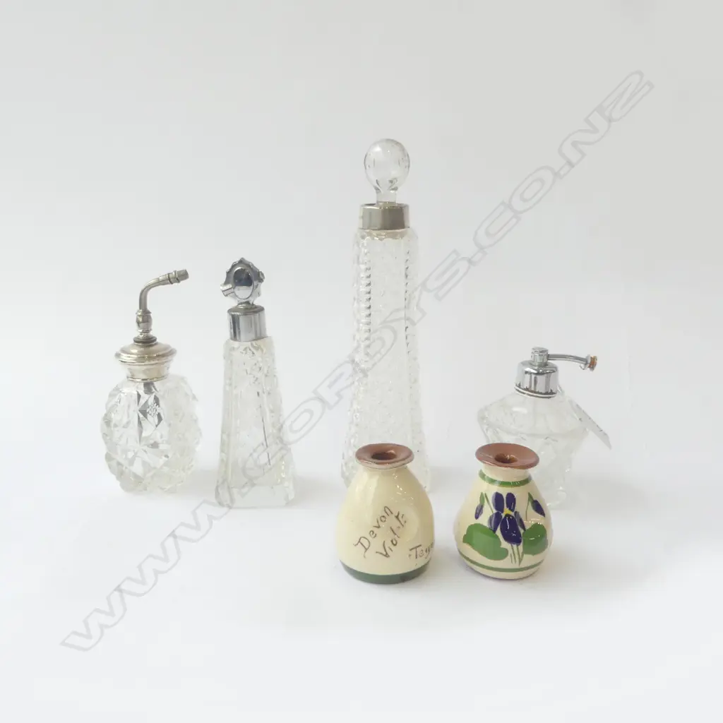 6 VINTAGE PERFUME BOTTLES – 2 DEVON VIOLETS, 4 CRYSTAL& GLASS (2 W. STG SILVER), H.60MM-210MM Image 1++
