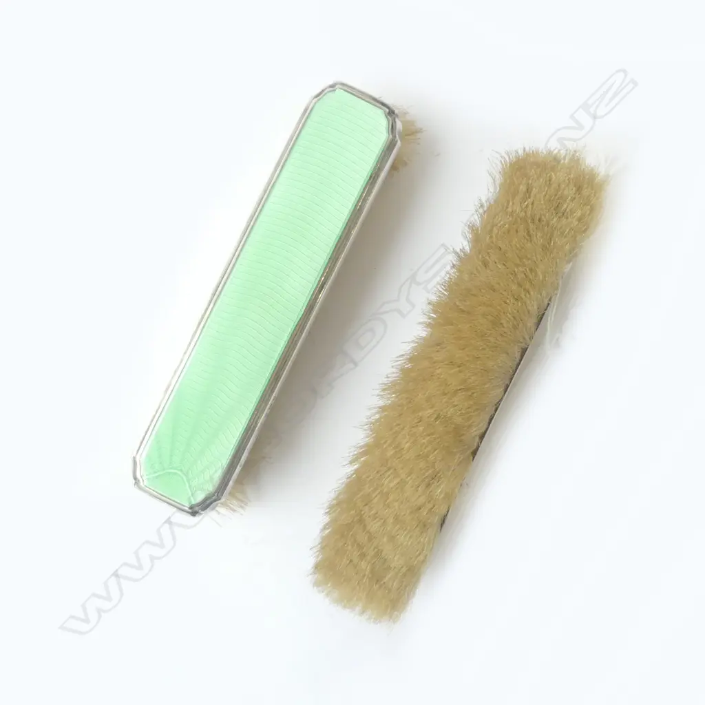 PAIR STG SILVER & GUILLOCHE ENAMEL DECO CLOTHES BRUSHES LONDON 1940, L.160MM Image 1++