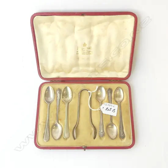 5 STG SILVER TEASPOONS + SILVER SUGAR SPOON 76.6gms + 2 E/P SPOONS 