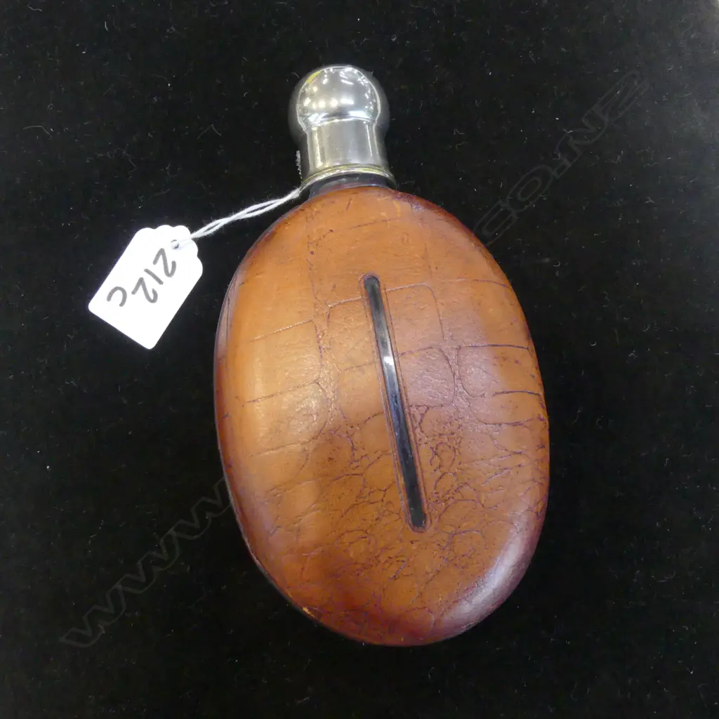 VINTAGE HIP FLASK leather bound + silver plate screw lid slightly big has plastic sleeve over thread Image 1++