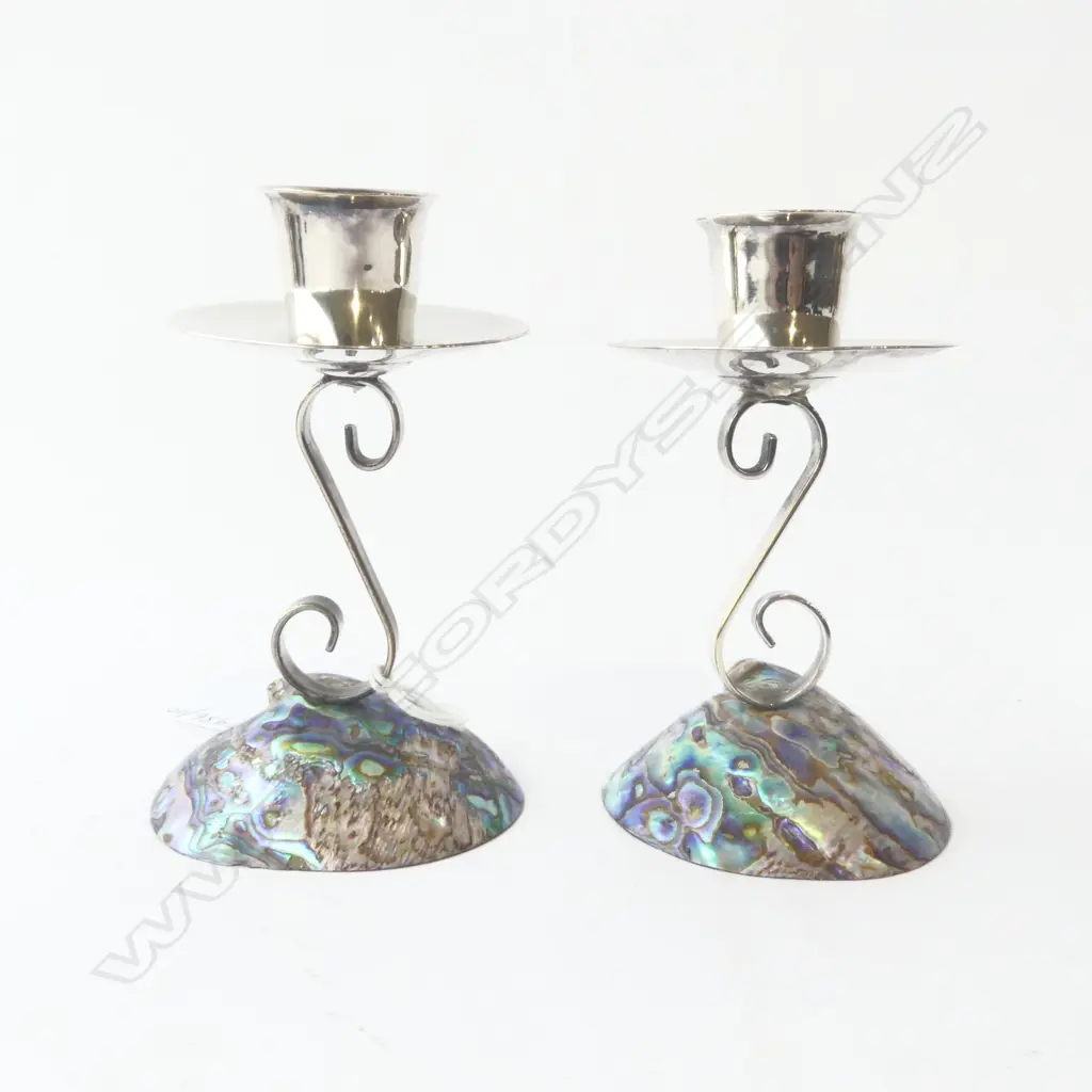 PAIR VINTAGE ‘ATAAHUA’ NZ PAUA & SILVER PLATE CANDLE HOLDERS W. LABEL, H.115MM Image 1++