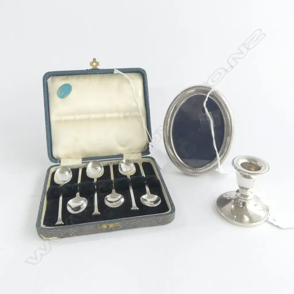 SET 6 SILVER TEASPOONS BIRM. 1931, 38.4gm, SILVER CANDLESTICK BIRM.1938, 47.7gm (weighted) & SILVER PHOTOFRAME, H.110mm Image 1++