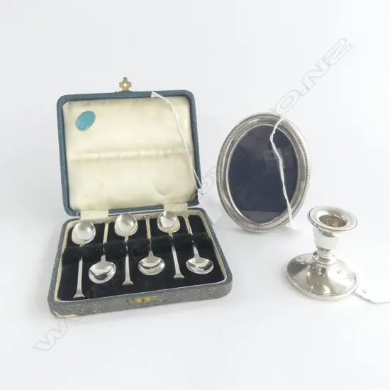 SET 6 SILVER TEASPOONS BIRM. 1931, 38.4gm, SILVER CANDLESTICK BIRM.1938, 47.7gm (weighted) & SILVER PHOTOFRAME, H.110mm