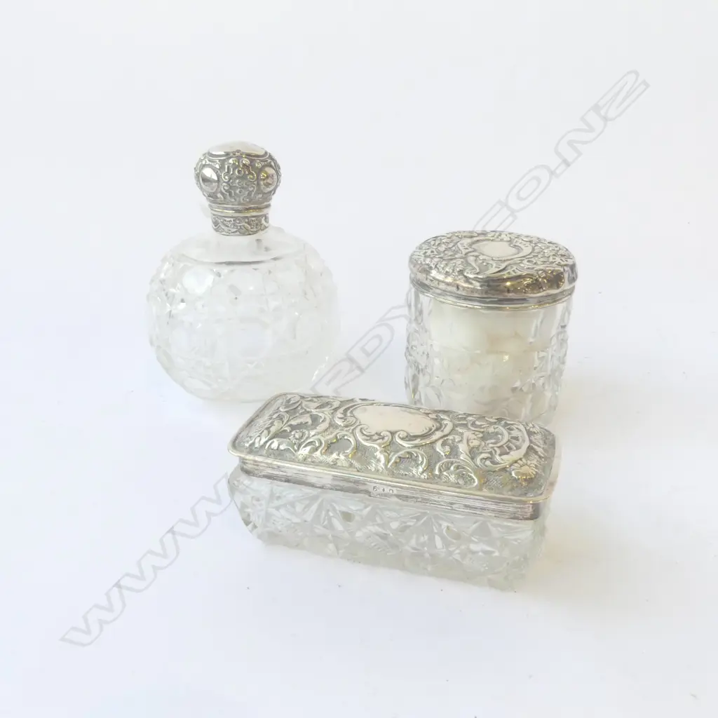 2 S/SILVER TOPPED DRESSINGTABLE JARS  & BOTTLE SIL WIEGHT65GMS Image 1++