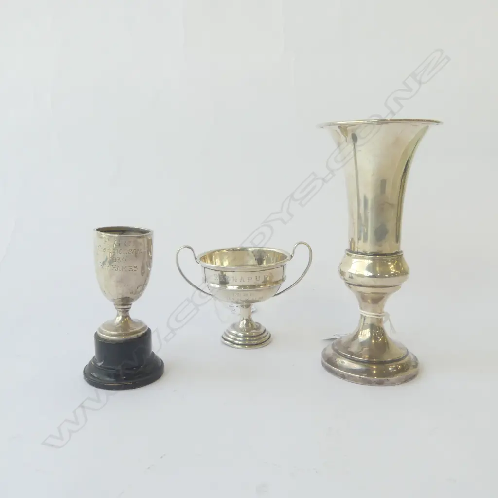 2 STG SILVER TROPHIES 'RATNAPURA' & ''HGC CHAMPIONSHIP' 66.3gms + STG VASE (WEIGHTED. SOME FAULTS) Image 1++