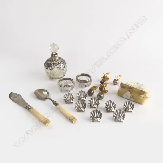 SILVER TOPPED VANITY BOTTLE, 2 SILVER TOPPED CONDIMENTS, IVORY HANDLED KNIFE/SPOON & PLACE NAME HOLDERS/CARDS