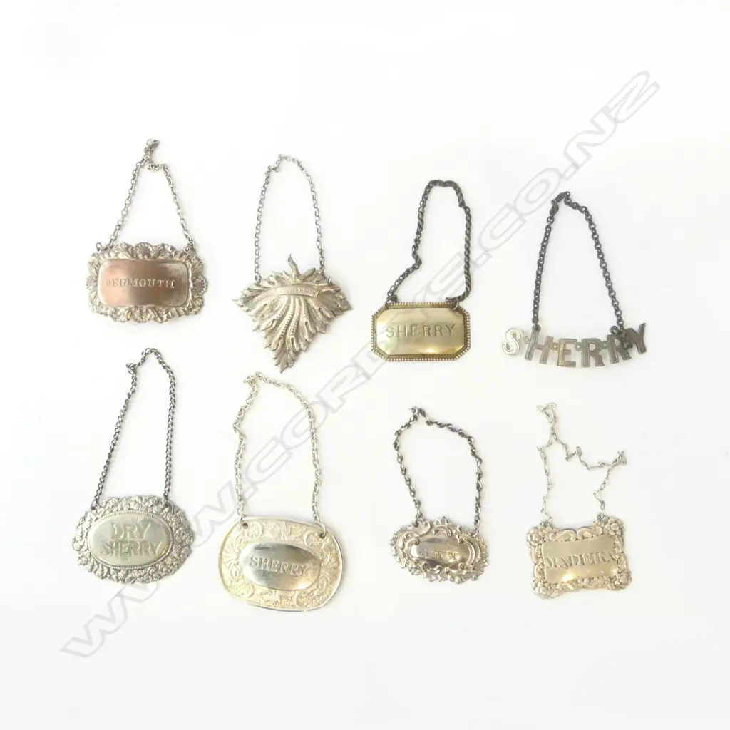 8 VINTAGE DECANTER LABELS - RUM, SHERRY, VERMOUTH ETC SILVER PLATED  Image 1++