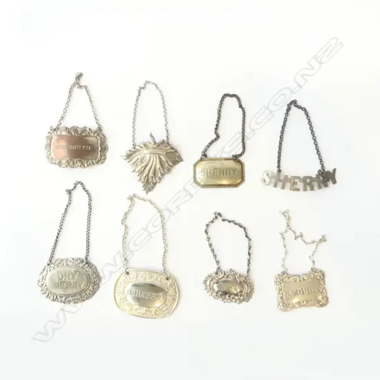 8 VINTAGE DECANTER LABELS - RUM, SHERRY, VERMOUTH ETC SILVER PLATED 