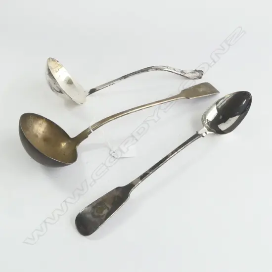 3 LARGE OLD SILVER PLATE CUTLERY ITEMS: 2 SOUP LADLES + 1 LONG BASTING SPOON. 2 crested with wheat sheath &  moto....