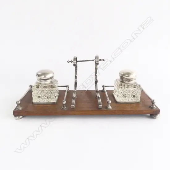 C1900 SILVER PLATE CUT CRYSTAL & MAHOGANY twin ink bottle DESK STAND L.355mm 