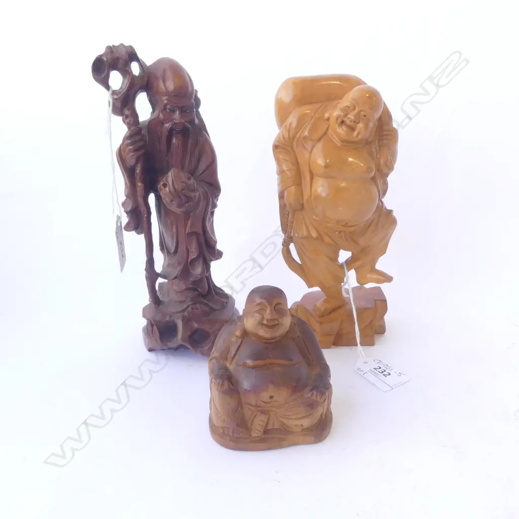 2 CARVED WOOD HOTEI FIGURES + CARVED CHINESE SAGE HOLDING WALNUT H.210mm Image 1++