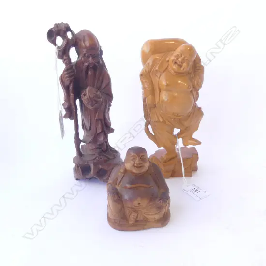 2 CARVED WOOD HOTEI FIGURES + CARVED CHINESE SAGE HOLDING WALNUT H.210mm