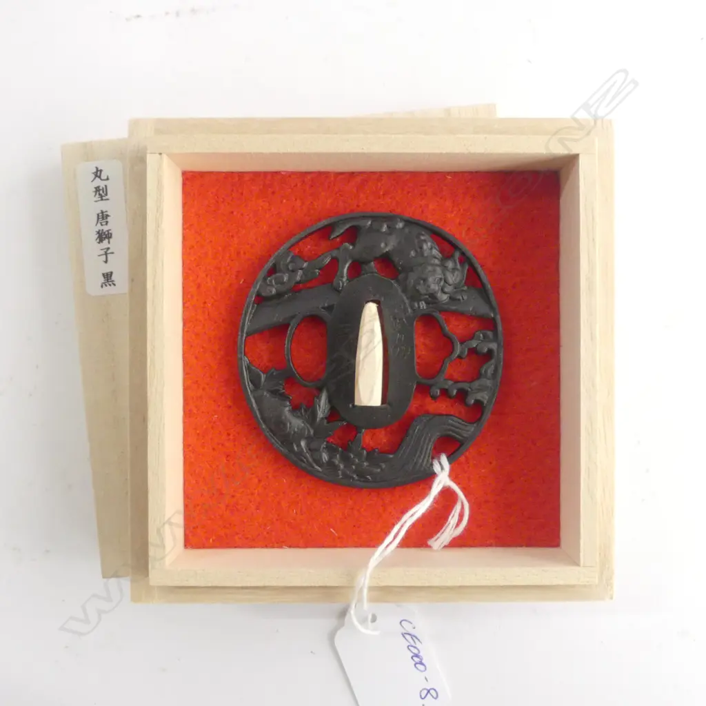 JAPANESE IRON TSUBA signed. With shishi waves etc. IN BOX Image 1++