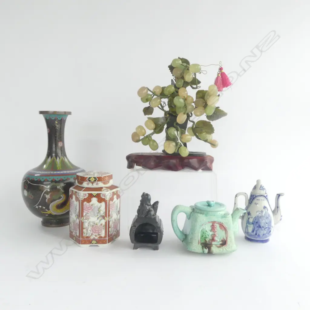 CLOISONNE DRAGON VASE (FAULTS), JADE BONSAI TREE - BASE WITH FAULTS + 4 OTHERS Image 1++
