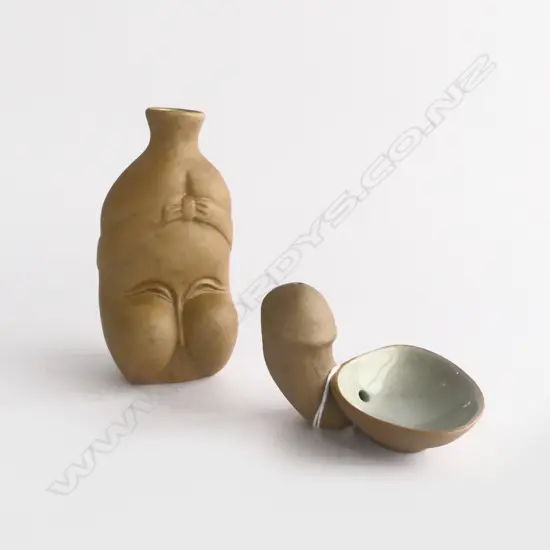 MID. 20thC JAPANESE STYLISED FIGURED SAKE BOTTLE & PHALLUS & SHELL BOWL CUP pale grey internal glaze H.115mm