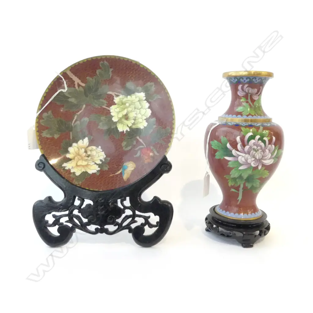 CHINESE CLOISONE VASE ON STAND H240MM & DISH ON STAND DIA200MM Image 1++