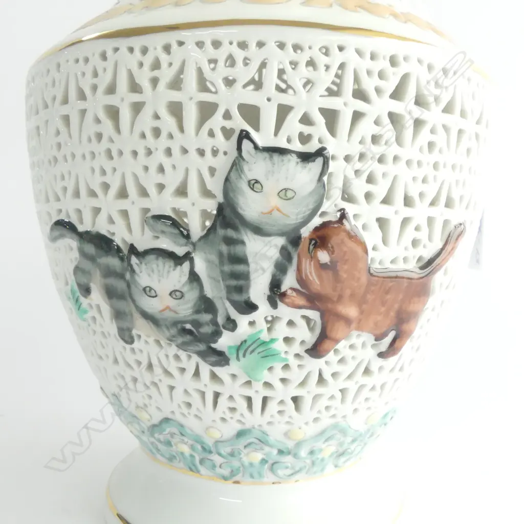 CHINESE PORCELAIN RETICULATED FINE PANELLED VASE freen handles gilt highlights. H.300mm Image 1++