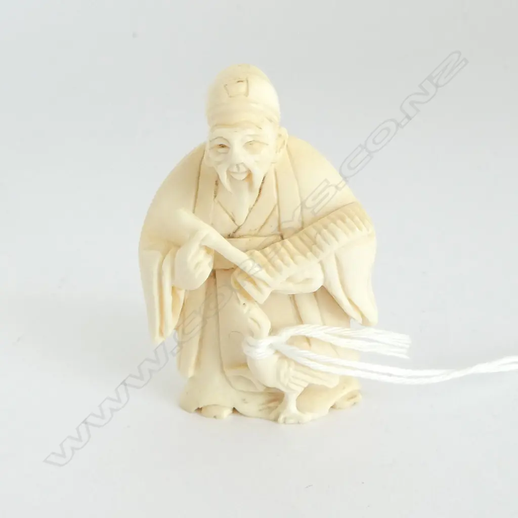 ORIENTAL CARVED IVORY SCHOLAR NETSUKE Signed Image 1++