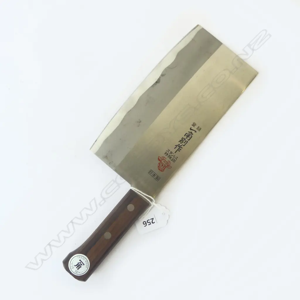 JAPANESE SIGNED QUALITY STEEL WIDE BLADED CHOPPING KNIFE L.280mm. Double bevel. Hardwood handle Image 1++