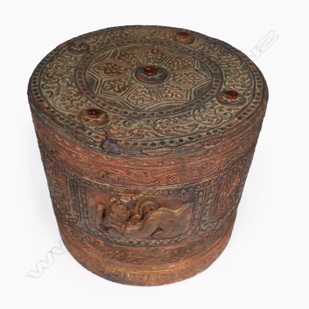 ANTIQUE BURMESE LACQUER-WORK WEDDING HAT BOX H190, Dia.210MM Image 1++