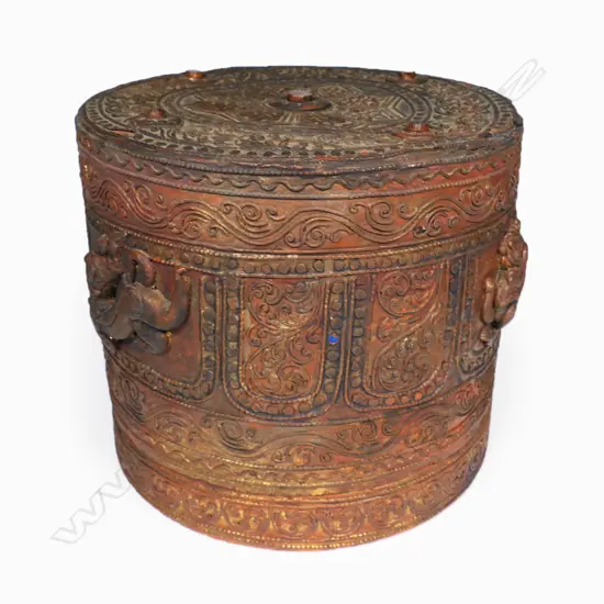 ANTIQUE BURMESE LACQUER-WORK WEDDING HAT BOX H190, Dia.210MM
