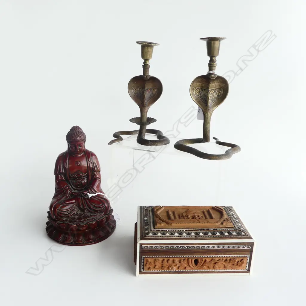 INDIAN SANDALWOOD & MOSAIC BOX, PR BRASS COBRA CANDLESTICKS & BUDDAH STATUETTE Image 1++