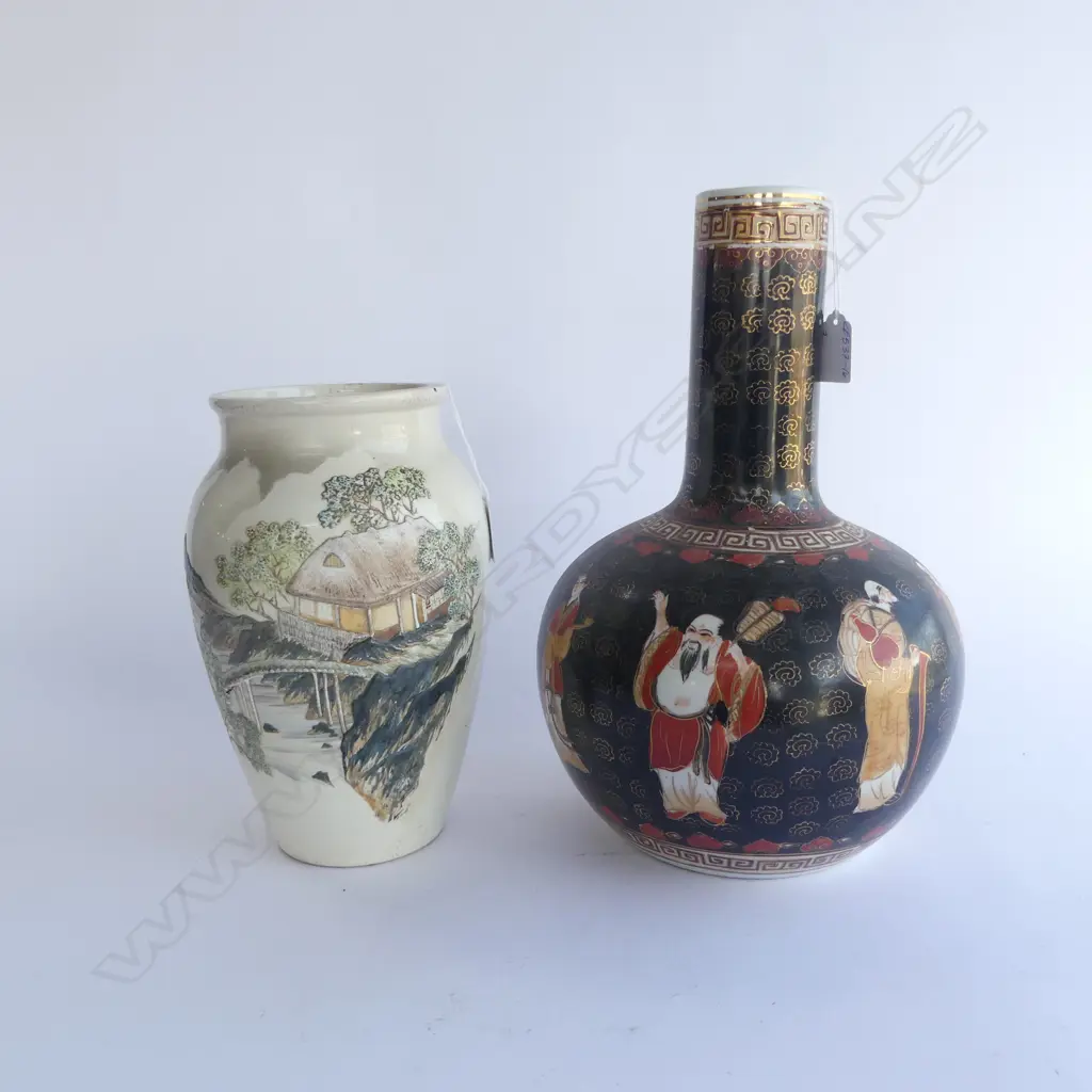 CHINESE PORCELAIN VASE DECORATED w IMMORTALS, H.330mm (sml loses) & JAPANESE SATSUMA VASE w RAISED RELIEF, H.250mm Image 1++