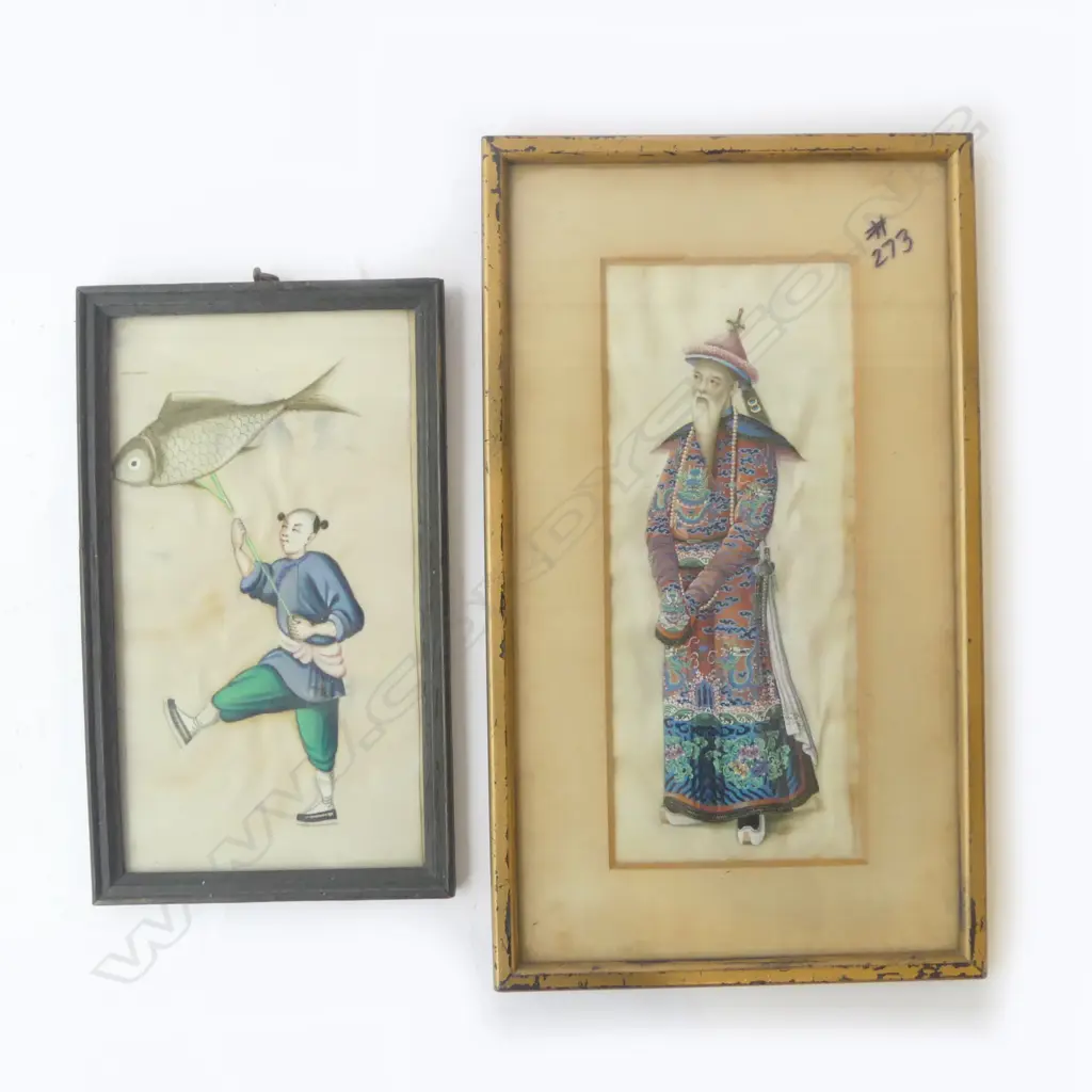 2 FRAMED CHINESE PITH W/C; CHILD w. KITE + PORTRAIT OF OLD MAN 220x90mm Image 1++