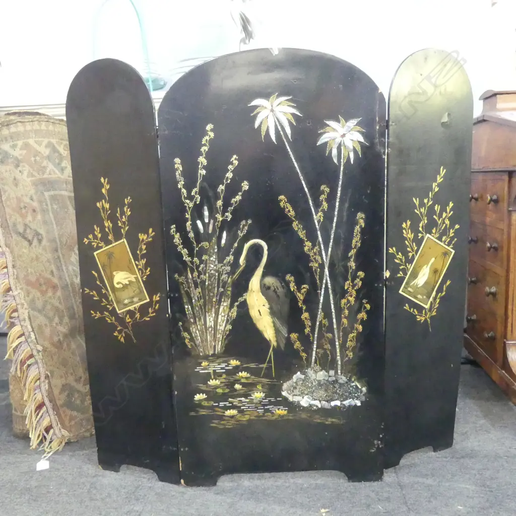 VICTORIAN 3 PANEL FIRESCREEN, BLACK LACQUER w. MoP INLAY H.850mm Image 1++