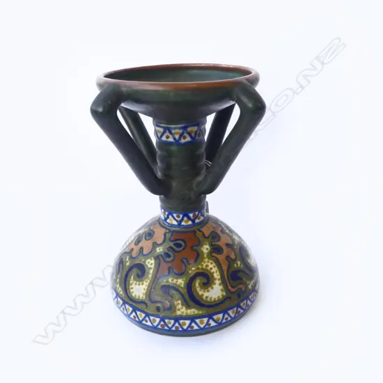 LARGE GOUDA CANDLESTICK FLARED OPENING WITH FOUR SUPPORTS , 1928 MARKED AND INCISED '957', H.210 x Dia 250mm