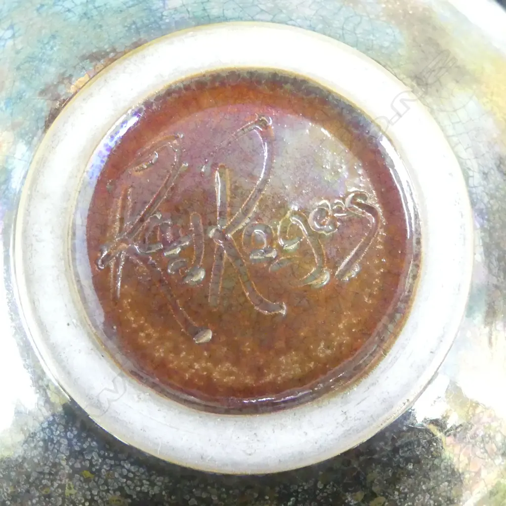 2 VASES; KAY ROGERS CREAMIC, IRIDESCENT BLUE ART GLASS H.200mm Image 1++