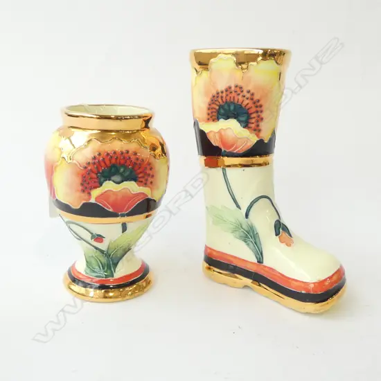 2 x Old Tupton Ware vases with red & yellow poppies & gilt: baluster & boot forms. The boot H.139mm