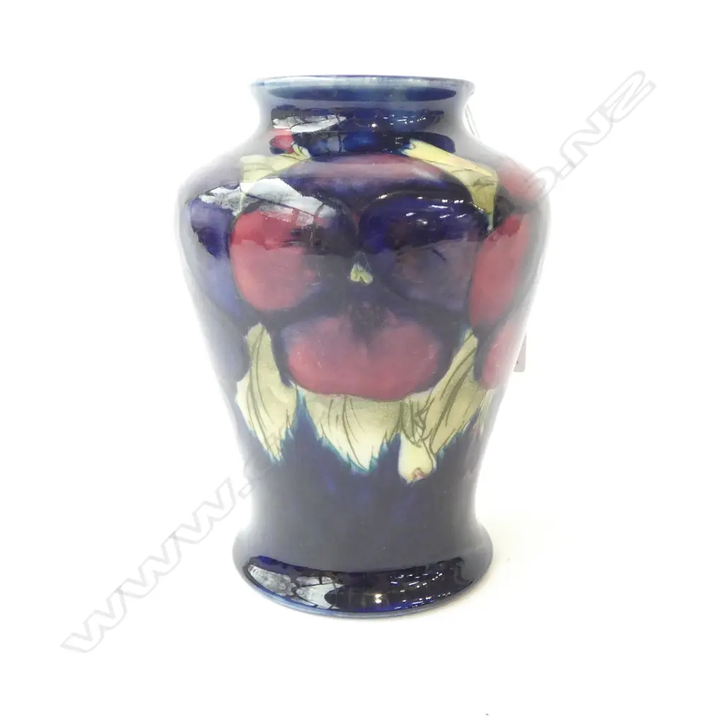 MOORCROFT PANSIES VASE on cobalt ground. Blue painted initials mark. H.130mm Image 1++