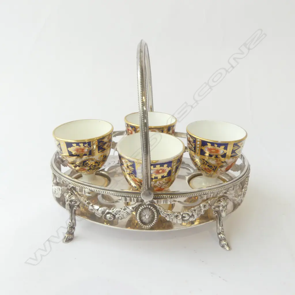 VICTORIAN IMARI DAVENPORT STAFF. EGG CUP CRUET IN JAMES DIXON RAMS HEAD HOLDER, L.150MM Image 1++