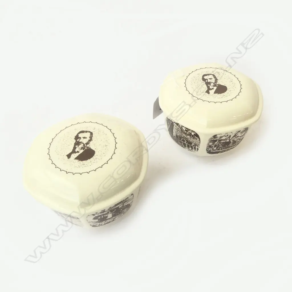 TWO CROWN LYNN 50 YEAR ANNIVERSARY HEXAGONAL LIDDED CONTAINERS, Dia 135mm Image 1++