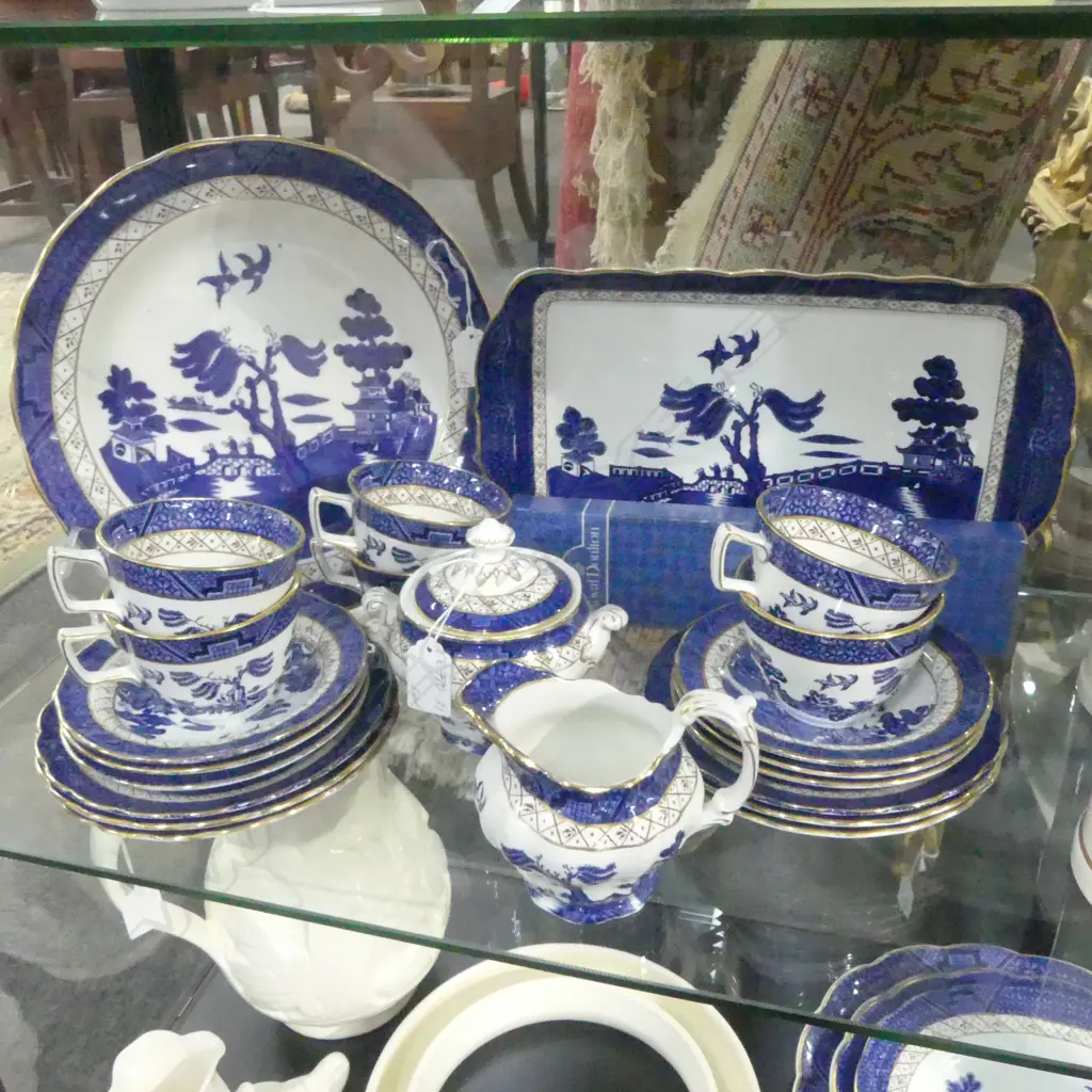 COLLECTION OF BOOTHS B&W WILLOW PATTERN , 6 C/S/P, SUGAR, MILK, PLATTER PLATE + ROYAL DOULTON SLICE Image 1++