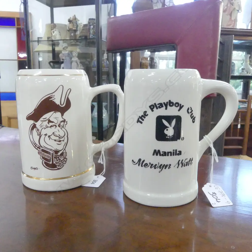 TWO CROWN LYNN BEER MUGS; ONE 'THE PLAYBOY CLUB - MANILA' (JOINT VENTURE BETWEEN CROWN LYNN & MAYON CERAMICS - THE PHILL Image 1++