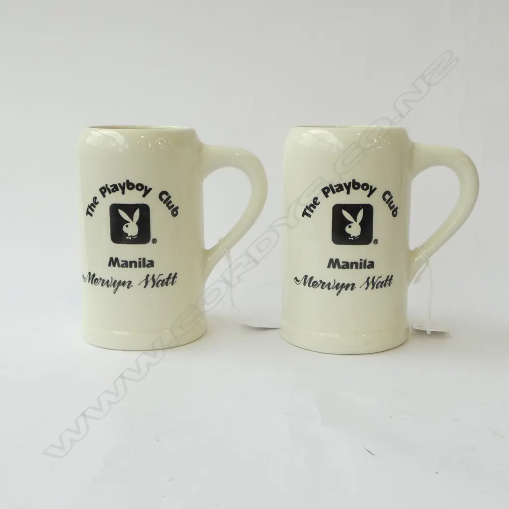 TWO CROWN LYNN 'THE PLAYBOY CLUB - MANILA' BEER MUGS NAMED FOR MERVYN WATT, (JOINT VENTURE BETWEEN CROWN LYNN & MAYON CE Image 1++